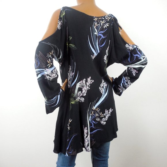 FREE PEOPLE Top M Black Floral Tunic Shirt Tie Cold Shoulder Long Sleeves Casual - Picture 8 of 13